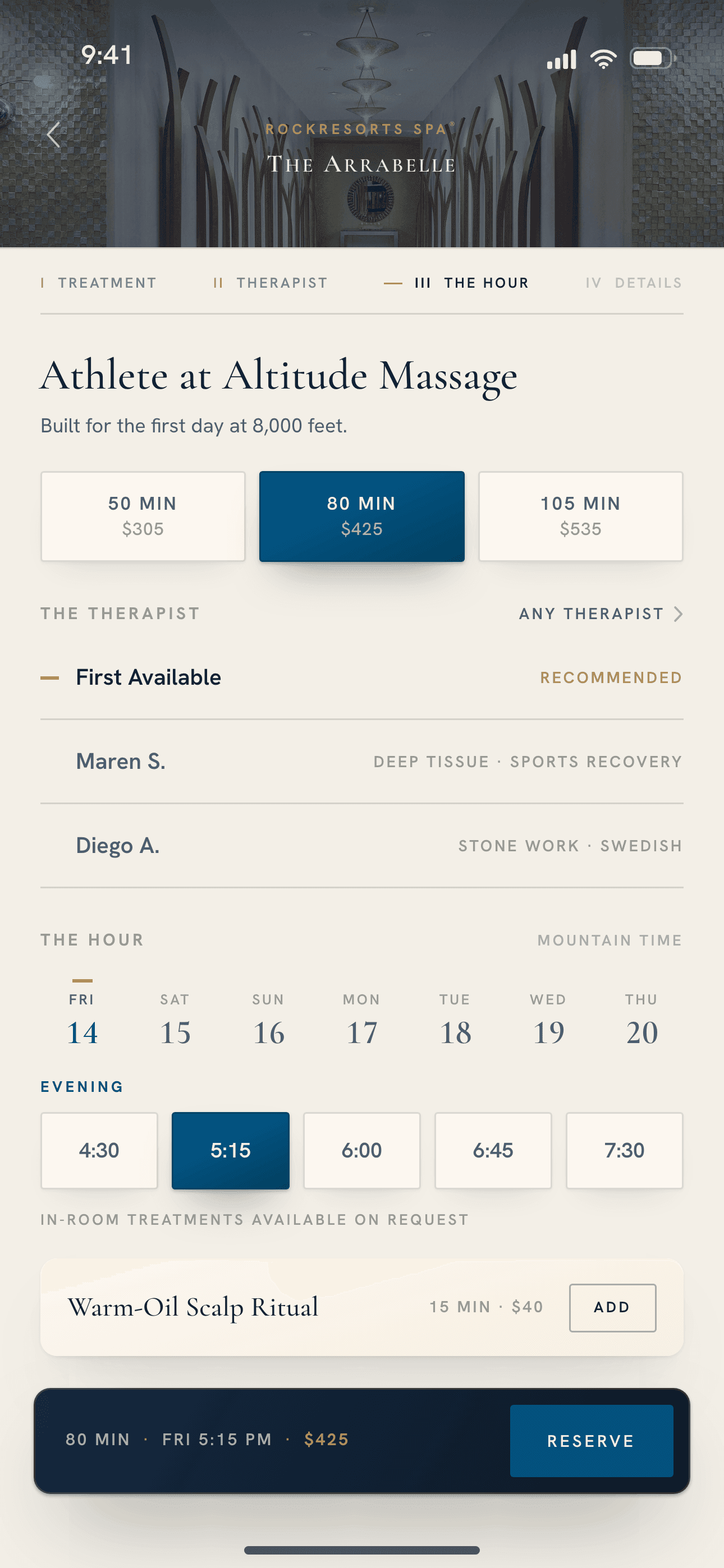 The RockResorts Spa booking screen — the commerce the app does not do today, designed